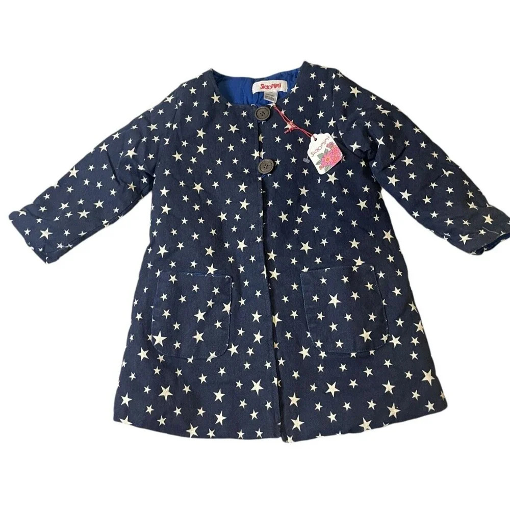 Siaomimi Girls Coat A Line Blue Stars Long Sleeve 2 Button Front Size 6Y NWT